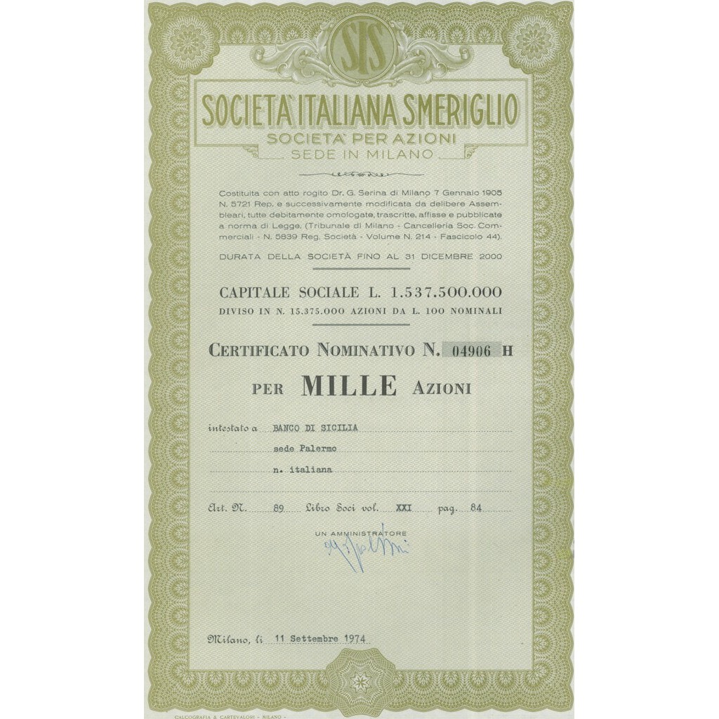 SOC. ITALIANA SMERIGLIO - 1000 AZIONI MILANO 1974