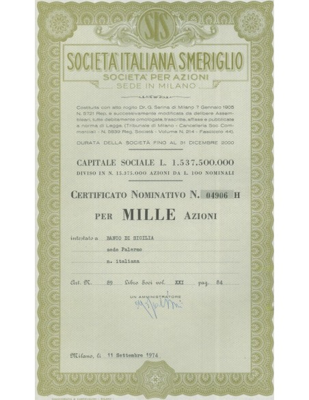 SOC. ITALIANA SMERIGLIO - 1000 AZIONI MILANO 1974