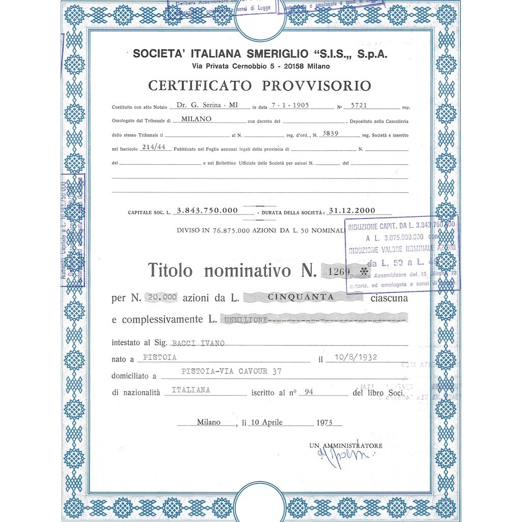 SOC. ITALIANA SMERIGLIO - 20000 AZIONI MILANO 1973