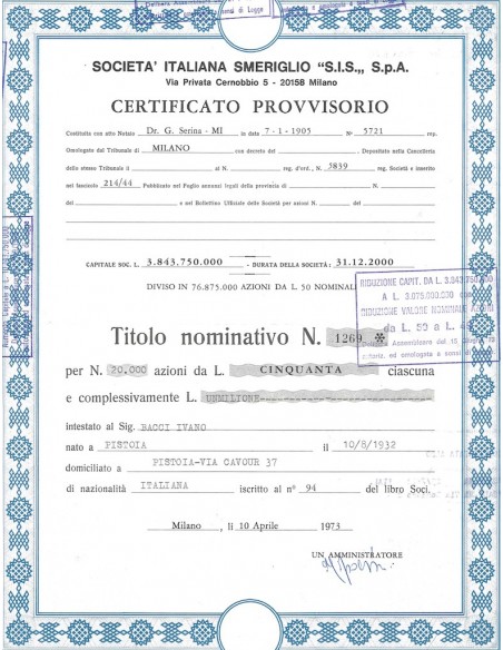 SOC. ITALIANA SMERIGLIO - 20000 AZIONI MILANO 1973