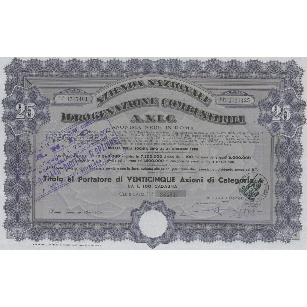 AZIENDA NAZIONALE IDROGENAZIONE COMBUSTIBILI - 25 AZIONI ROMA 1940