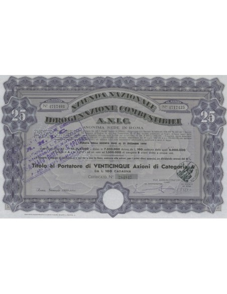 AZIENDA NAZIONALE IDROGENAZIONE COMBUSTIBILI - 25 AZIONI ROMA 1940
