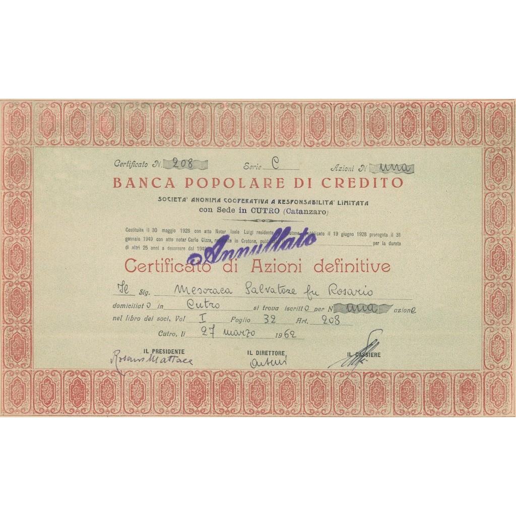 BANCA POPOLARE DI CREDITO CON SEDE IN CUTRO AZIONI CUTRO