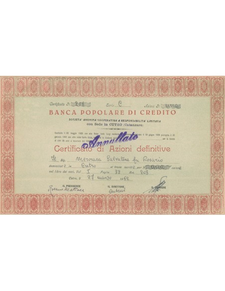 BANCA POPOLARE DI CREDITO CON SEDE IN CUTRO AZIONI CUTRO