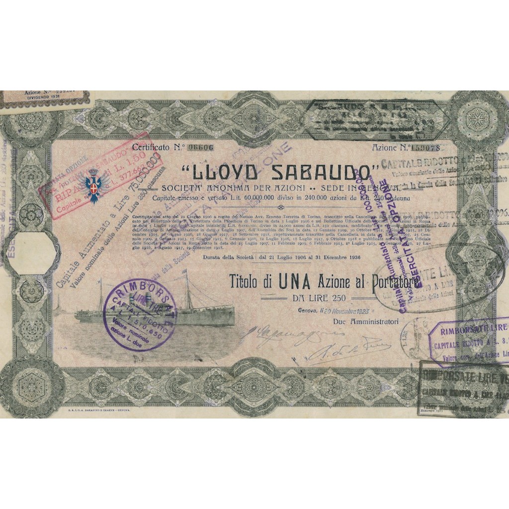 LLOYD SABAUDO - 1 AZIONE GENOVA 1923