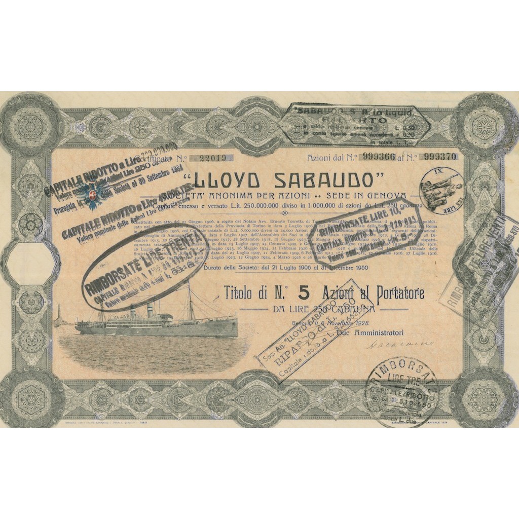 LLOYD SABAUDO - 1 AZIONE GENOVA 1923