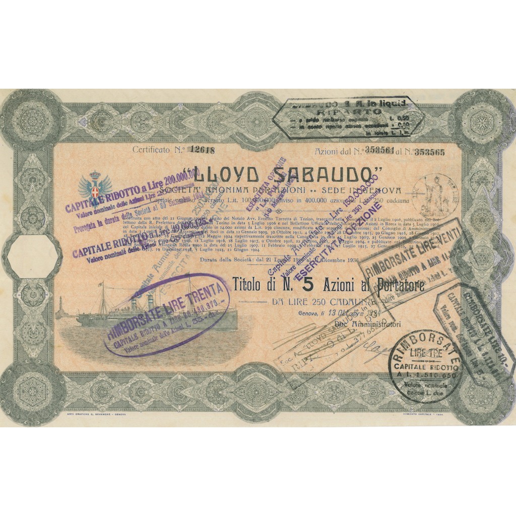 LLOYD SABAUDO - 5 AZIONI GENOVA 1928