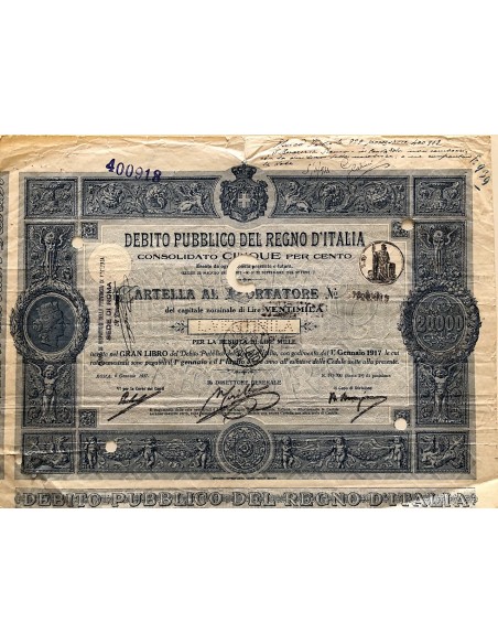 CARTELLA 20000 LIRE - D.PUBBLICO CONSOLIDATO 5% REGNO D'ITALIA 1917