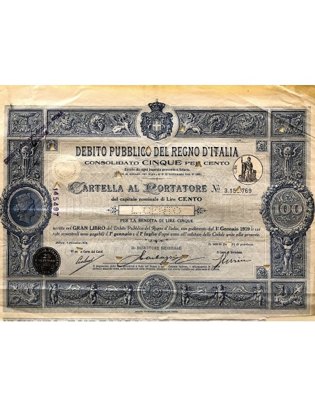 CARTELLA 100 LIRE - D.PUBBLICO CONSOLIDATO REGNO D'ITALIA 1918