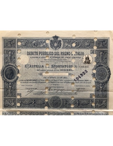 CARTELLA 200 LIRE - D.PUBBLICO CONSOLIDATO 5% REGNO D'ITALIA 1918