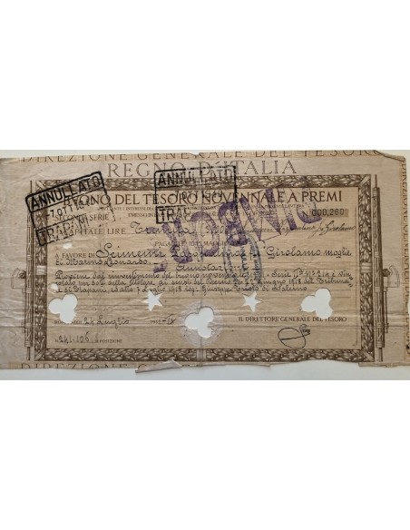 TITOLO PER BUONO DEL TESORO NOVENNALE - SECONDA SERIE ROMA 1931
