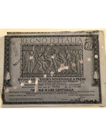 1942 /04 - BUONO DEL TESORO NOVENNALE A PREMI 5% LIRE 100.000 - ROMA