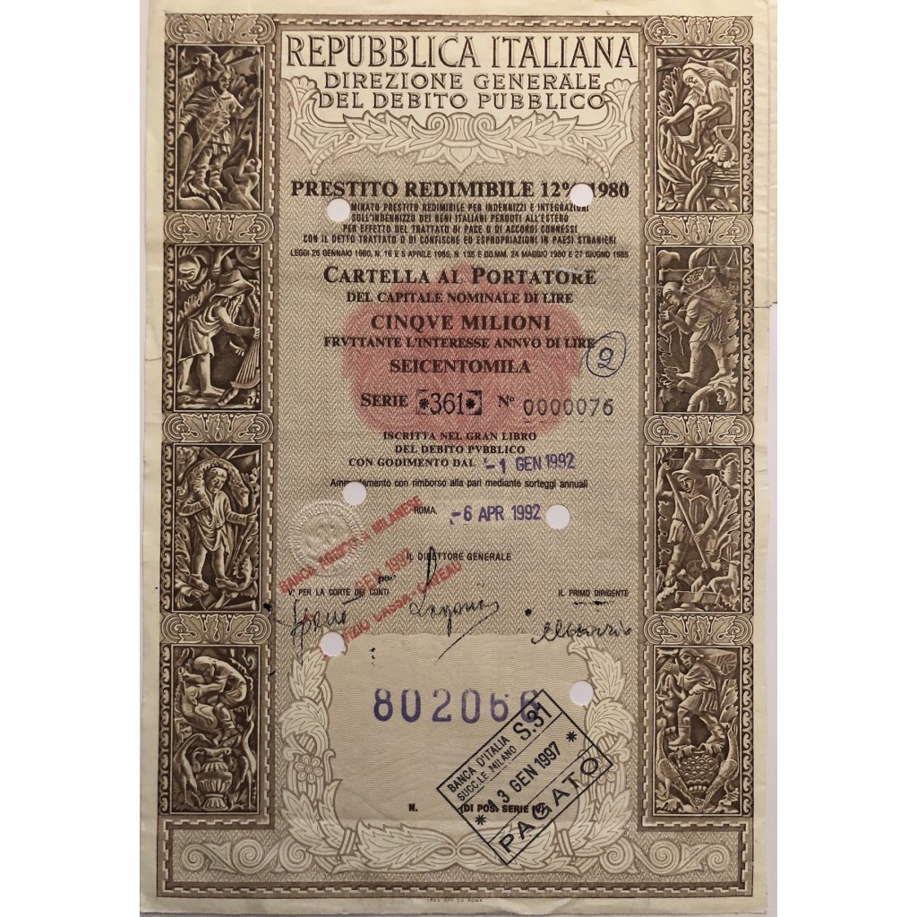 1992 - PRESTITO REDIMIBILE 12% - 1980 -...