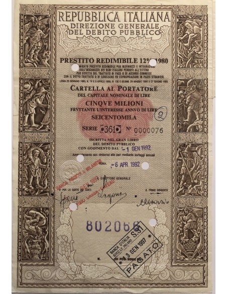 1992 - PRESTITO REDIMIBILE 12% - 1980 - CARTELLA 5.000.000 LIRE (Attività agreste, viola)