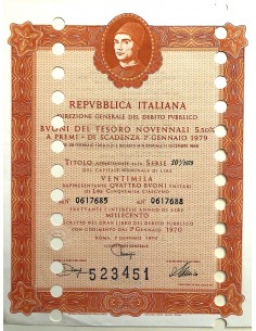 1970 - BUONI DEL TESORO NOVENNALI 5% - 20.000 LIRE - ROMA...