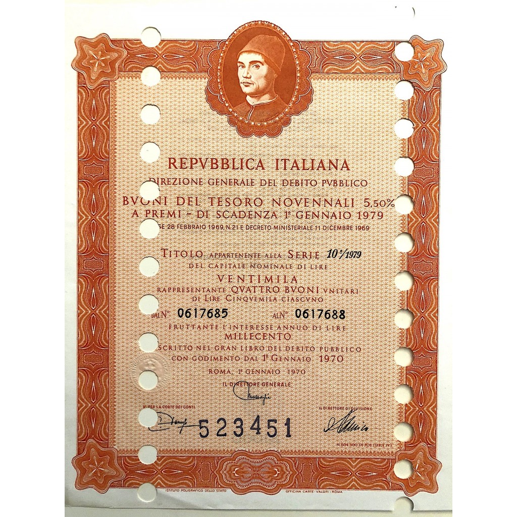 1970 - BUONI DEL TESORO NOVENNALI 5% - 20.000 LIRE - ROMA (Ritratto d'uomo di A. Messina, arancione)