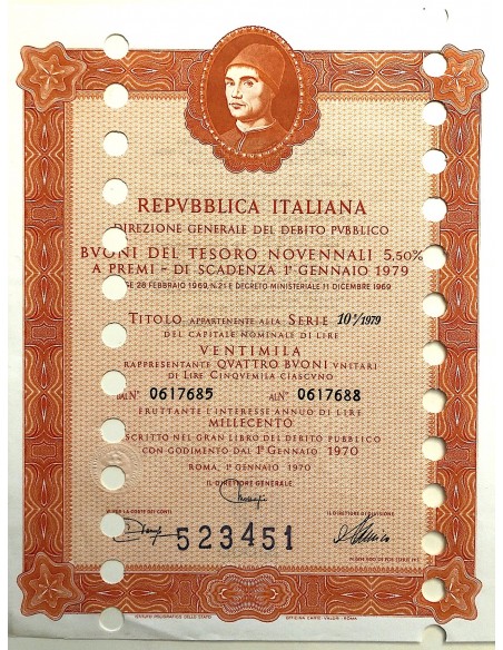1970 - BUONI DEL TESORO NOVENNALI 5% - 20.000 LIRE - ROMA (Ritratto d'uomo di A. Messina, arancione)