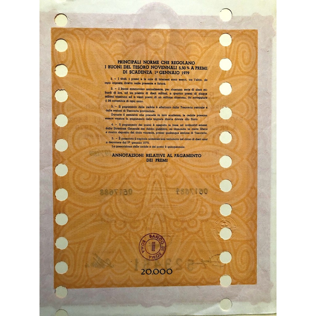 1970 - BUONI DEL TESORO NOVENNALI 5% - 20.000...