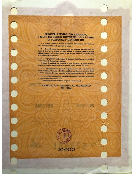 1970 - BUONI DEL TESORO NOVENNALI 5% - 20.000 LIRE - ROMA (Ritratto d'uomo di A. Messina, arancione)