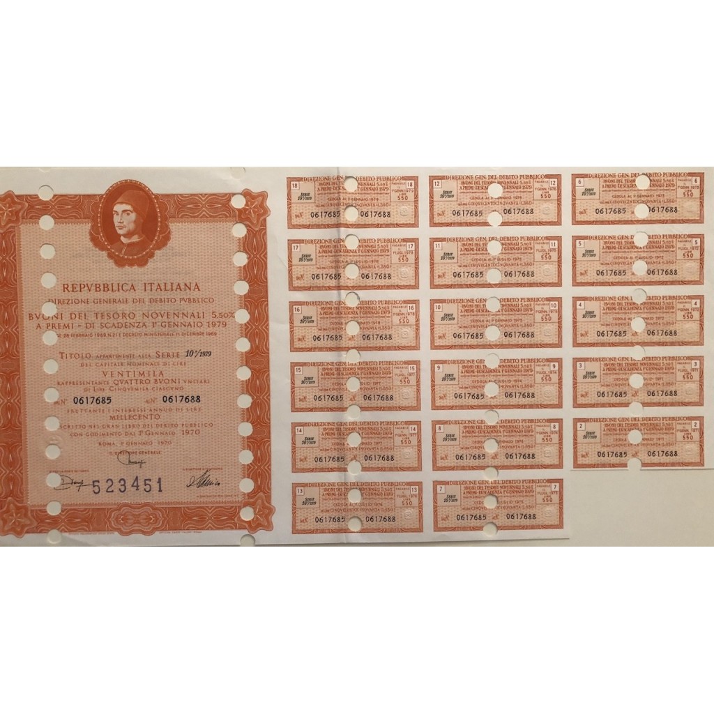 1970 - BUONI DEL TESORO NOVENNALI 5% - 20.000...