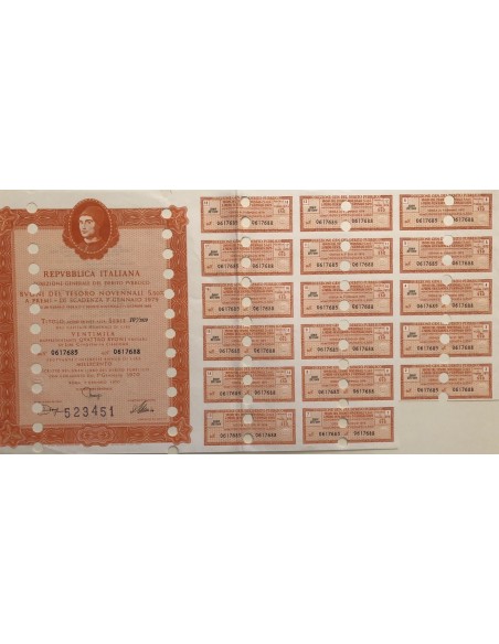 1970 - BUONI DEL TESORO NOVENNALI 5% - 20.000 LIRE - ROMA (Ritratto d'uomo di A. Messina, arancione)