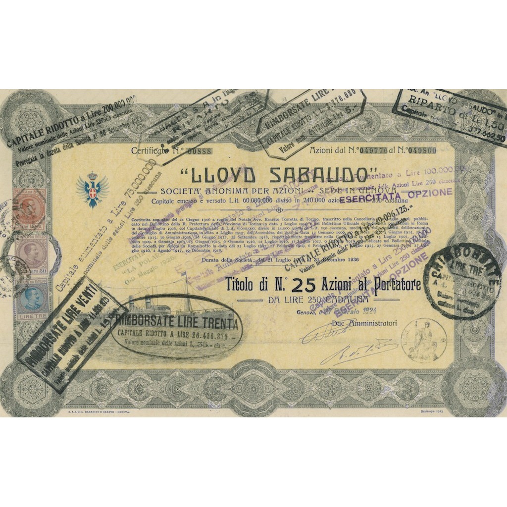 LLOYD SABAUDO - 25 AZIONI CAPITALE EMESSO 60.000.000 - GENOVA 1924