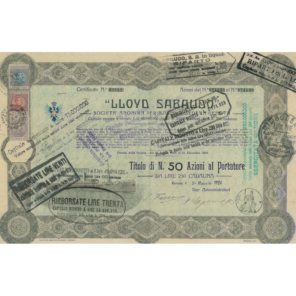 LLOYD SABAUDO - 50 AZIONI CAPITALE EMESSO 60.000.000 - GENOVA 1924