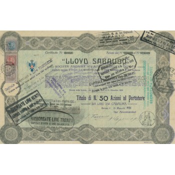 LLOYD SABAUDO - 50 AZIONI CAPITALE EMESSO 60.000.000 - GENOVA 1924