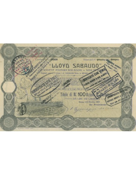 LLOYD SABAUDO - 100 AZIONI CAPITALE EMESSO 100.000.000 - GENOVA 1924