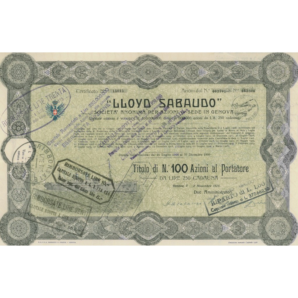 LLOYD SABAUDO - 100 AZIONI CAPITALE EMESSO 150.000.000 - GENOVA 1926