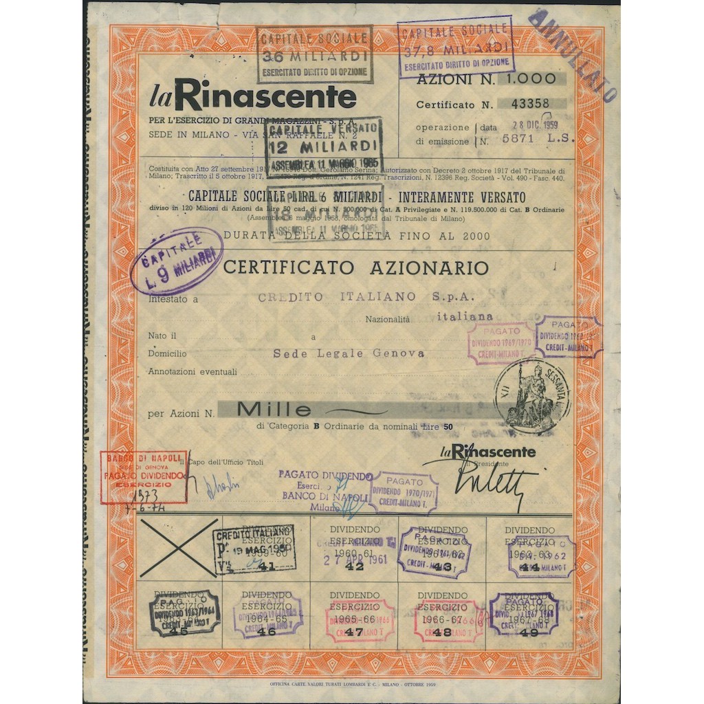 LA RINASCENTE - CERTIFICATO DI AZIONI MILANO 1973