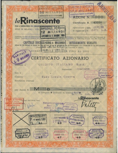 LA RINASCENTE - CERTIFICATO DI AZIONI MILANO 1973