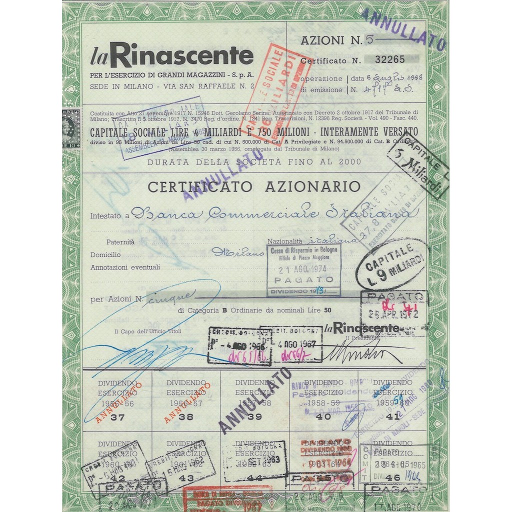 LA RINASCENTE - CERTIFICATO PER AZIONI MILANO 1957