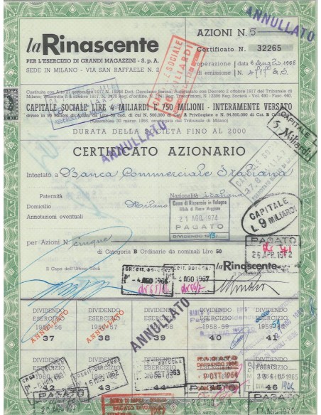 LA RINASCENTE - CERTIFICATO PER AZIONI MILANO 1957