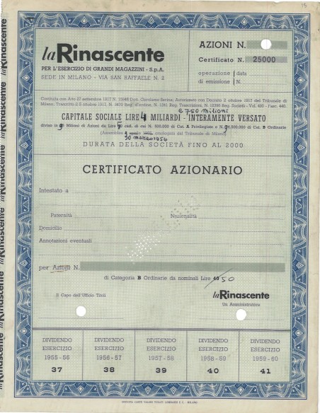 LA RINASCENTE - CERTIFICATO AZIONARIO MILANO 1955