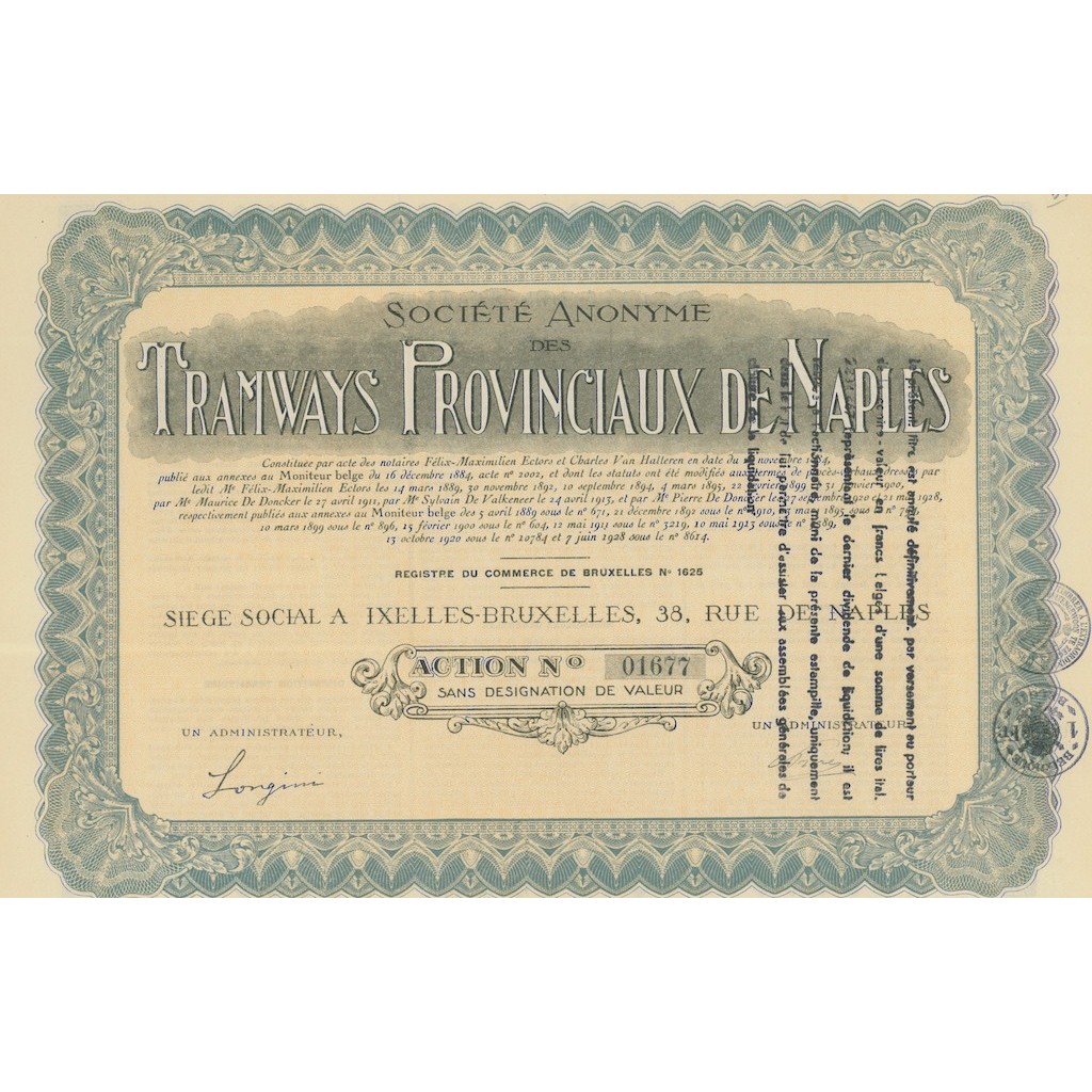 SOCIÉTÉ ANONYME DES TRAMWAYS PROVINCIAUX DE NAPLES 1 AZIONE BRUXELLES