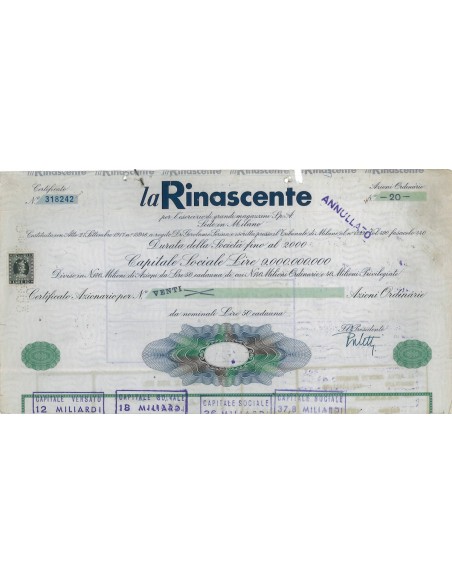 LA RINASCENTE - CERTIFICATO DI AZIONI DI LIRE 50 MILANO 1965