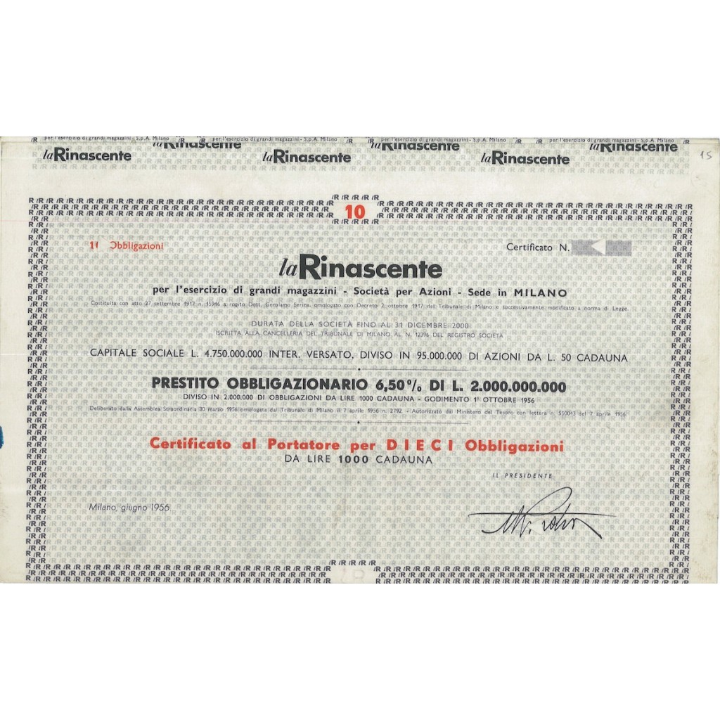 LA RINASCENTE - 10 OBBLIGAZIONI - MILANO 1956