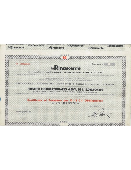 LA RINASCENTE - 10 OBBLIGAZIONI - MILANO 1956