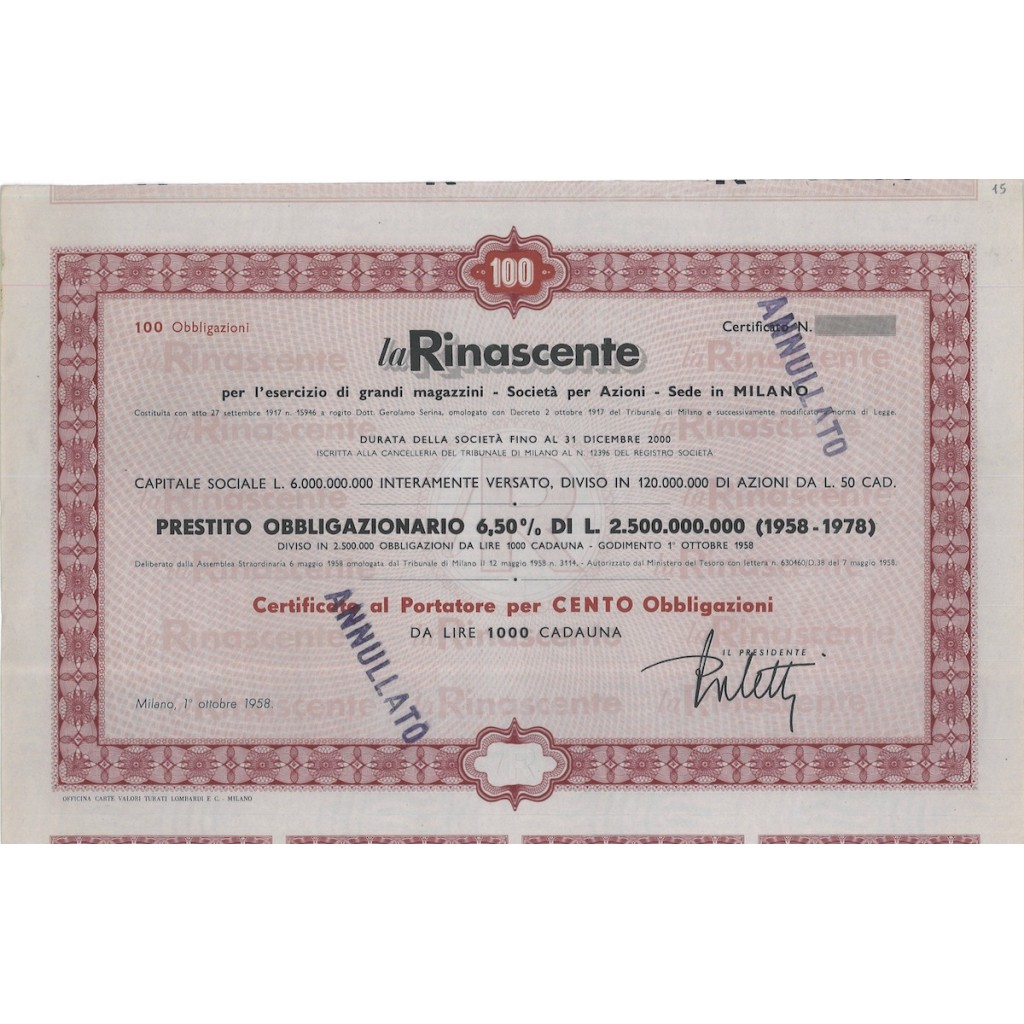 LA RINASCENTE - 100 OBBLIGAZIONI - MILANO 1958