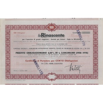 LA RINASCENTE - 100 OBBLIGAZIONI - MILANO 1958