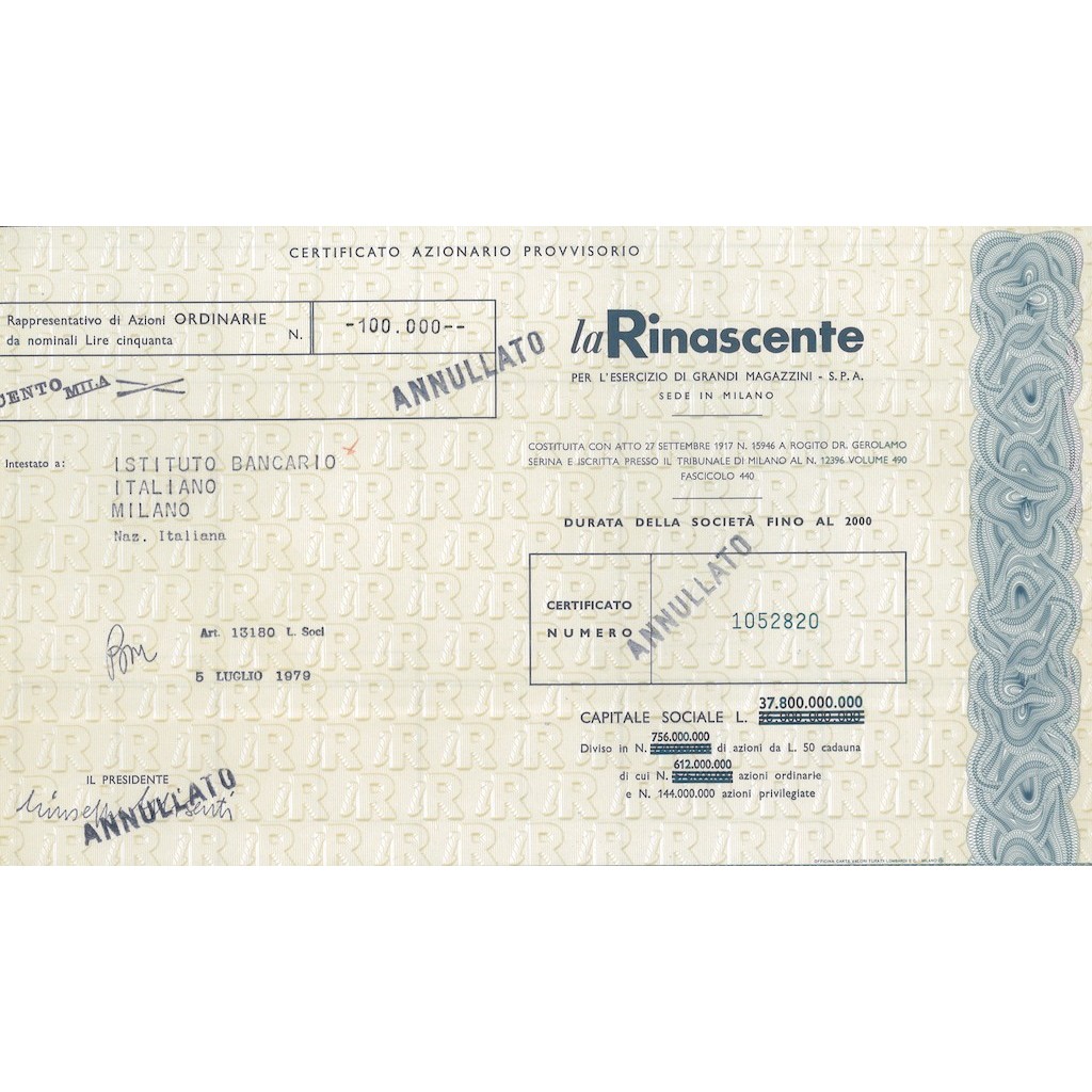 LA RINASCENTE - CERT. PROVVISORIO DI AZIONI - MILANO 1979