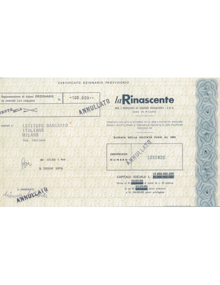 LA RINASCENTE - CERT. PROVVISORIO DI AZIONI - MILANO 1979