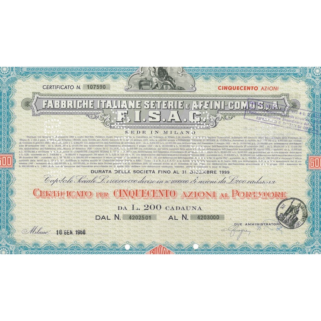 FABBRICHE ITALIANE SETERIE E AFFINI - COMO S.P.A 500 AZIONI 1960
