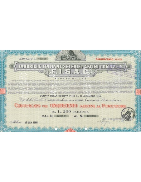 FABBRICHE ITALIANE SETERIE E AFFINI - COMO S.P.A 500 AZIONI 1960