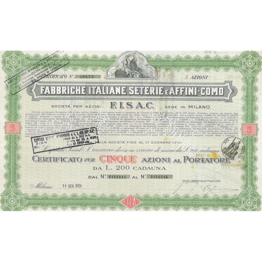 FABBRICHE ITALIANE SETERIE E AFFINI-COMO S.P.A 5 AZIONI 1954