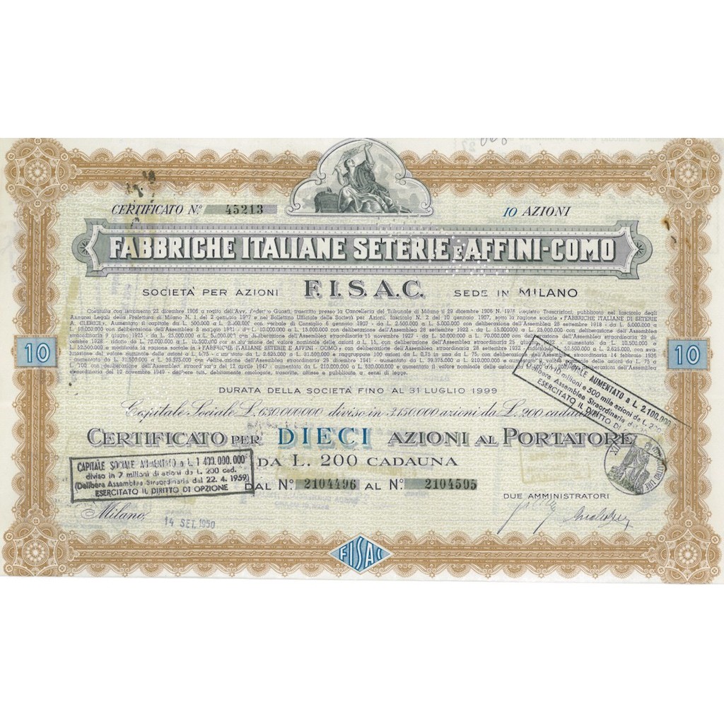 FABBRICHE ITALIANE SETERIE E AFFINI-COMO S.P.A 10 AZIONI 1950