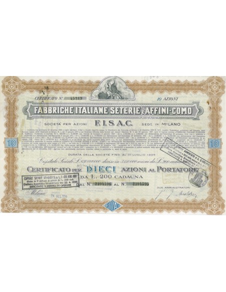 FABBRICHE ITALIANE SETERIE E AFFINI-COMO S.P.A 10 AZIONI 1950