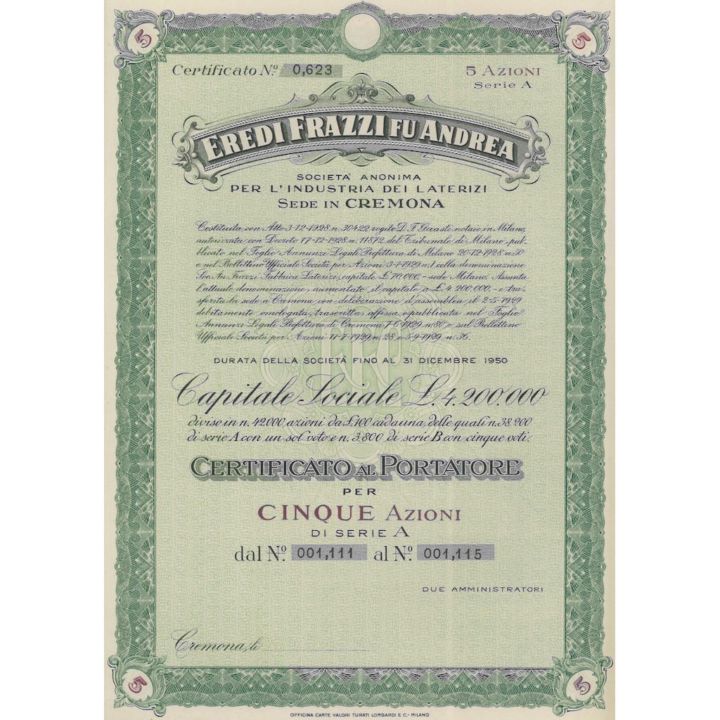 EREDI FRAZZI FU ANDREA SOC. ANONIMA INDUSTRIA LATERIZI 5 AZIONI CREMONA 1928