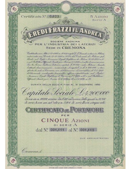 EREDI FRAZZI FU ANDREA SOC. ANONIMA INDUSTRIA LATERIZI 5 AZIONI CREMONA 1928